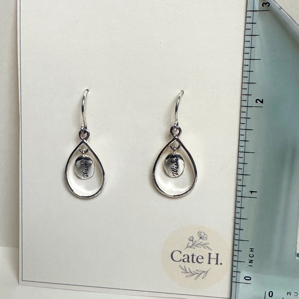 Silver Drop Earrings with "Wish" Charm